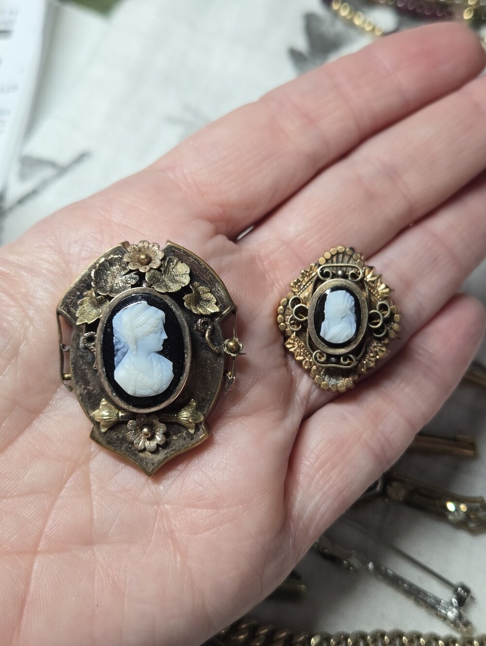 Victorian Gold Filled Cameo Brooch and Pin Set with Black and White Cameos